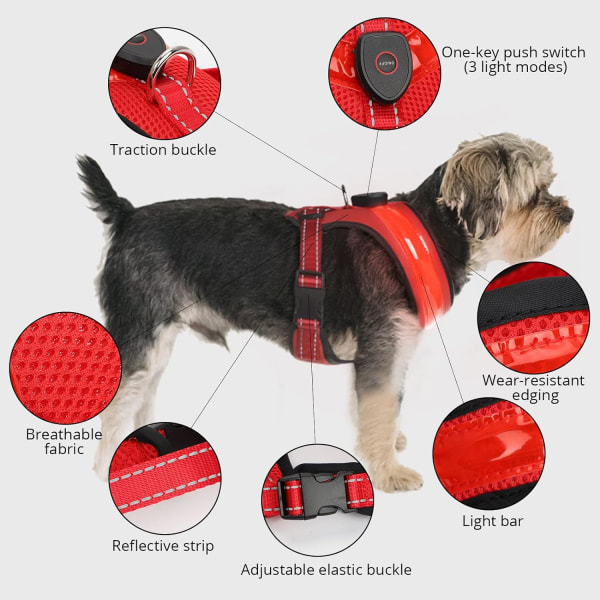 LED hundesele, USB genopladelig hundevest lysende + reflekterende design, justerbar hundesikkerhedssele med halsbånd Re