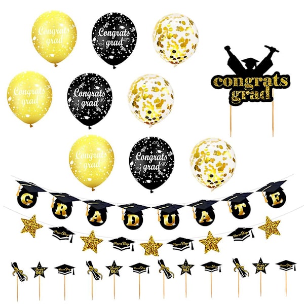 1 Sæt Graduation Party Balloner Banner Kage Toppers Sequin Balloner Kit (Sort Guld)Sort15X8cm