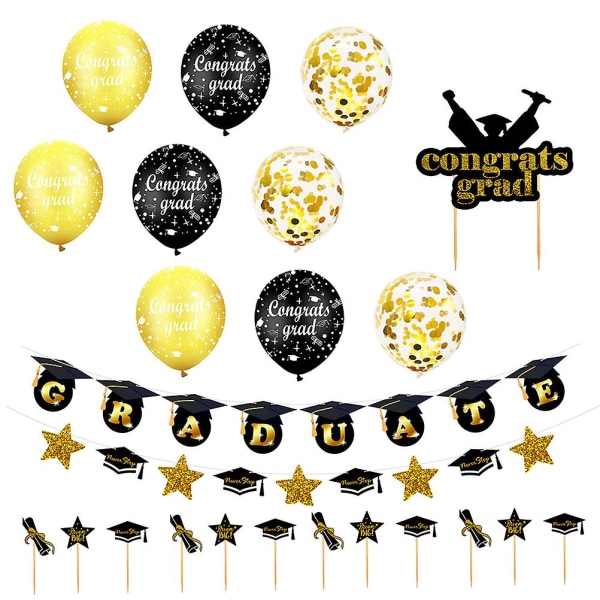 1 Sæt Graduation Party Balloner Banner Kage Toppers Sequin Balloner Kit (Sort Guld)Sort15X8cm Black 15X8cm