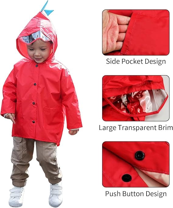Rød barne-regnfrakk, 5-8 år hette-regnponchojakke for