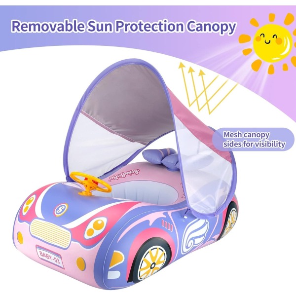 Småbarnsbassengflott, oppblåsbar bil, babybadeflåte med justerbar solskjerm og sikkerhetssete, bassengleker for småbarn