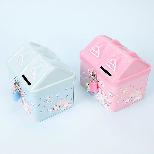 Barn Spargris Metal Hus Spargris Flicka Spargris Husformad Pengar Sparbank Med Lås Rosa 12X10X9.5CM