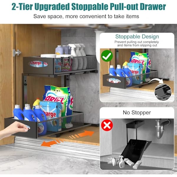 HA~Metal Storage Under Sink, 2-Tier Pull-Out Kitchen Shelf Under Sink with Adjustable Height, Under Sink Organizer