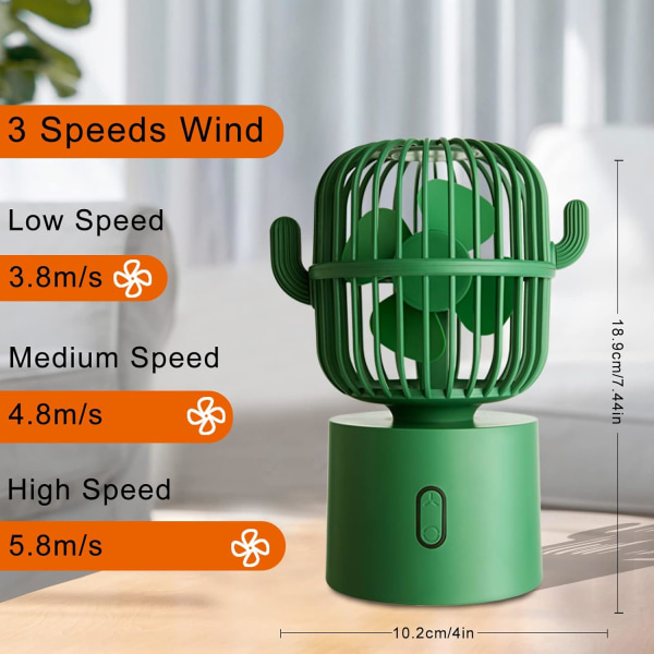 Kaktusblæser, 80 graders rotation USB bærbare blæsere 3 hastigheder Stærk vind, Cactus kontorartikler, personlig borddekoration til skrivebordsblæser (grøn)