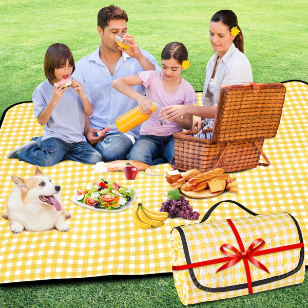 Picknickfilt 200 x 150 cm, vattentät picknickmatta, lätt och tvättbar rutig picknickfilt med handtag, hopfällbar, f