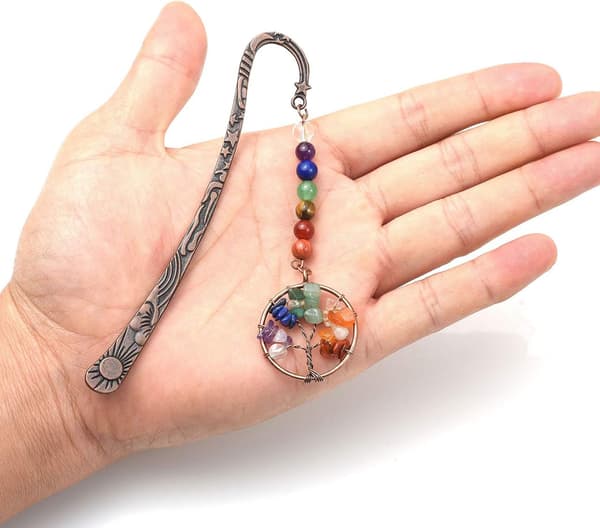 Bronze Metal Stjerner Måne Sol Bogmærke med 7 Chakra Perler Wire Wrap