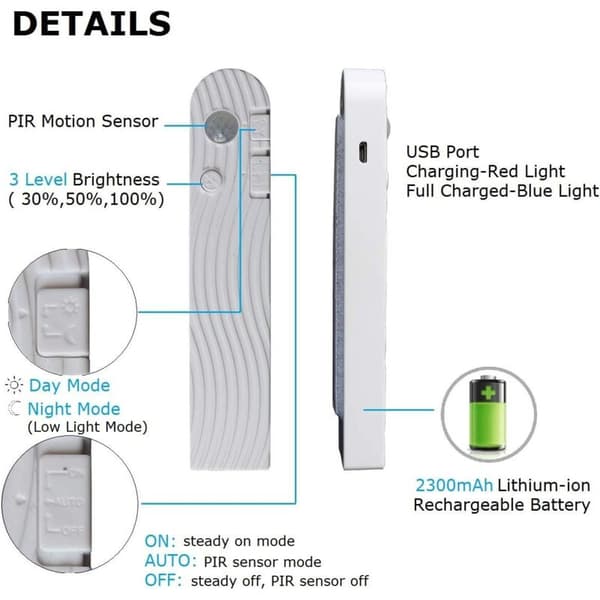 Under Cabinet Lighting, 3m/10ft LED for Wardrobe, Motion Sensor, USB Rechargeable, Auto On/Off, Dimmable, 6000K Cool White Closet Night Light