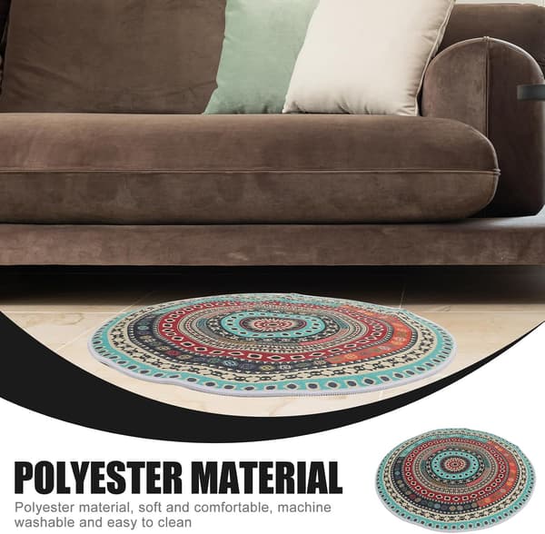Boho Tæppe Rundt Gulvtæppe 2ft Polyester Vaskbart Let at Rengøre Farverigt Boheme Tæppe
