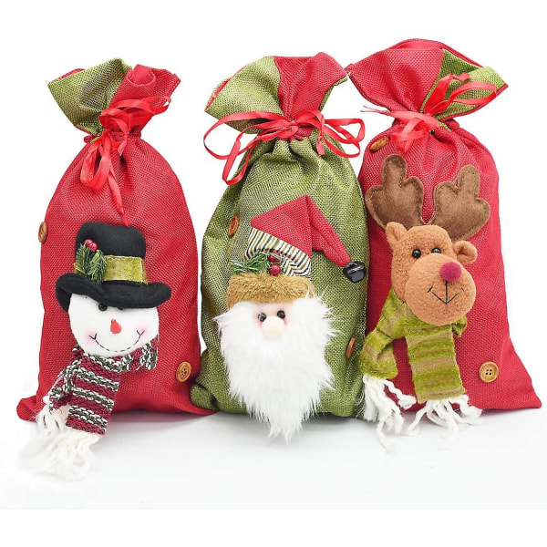 3-pakker julemandssække med snøre julegaveposer 3d-design stof godbidstasker til julefestartikler 15 x 8 tommer