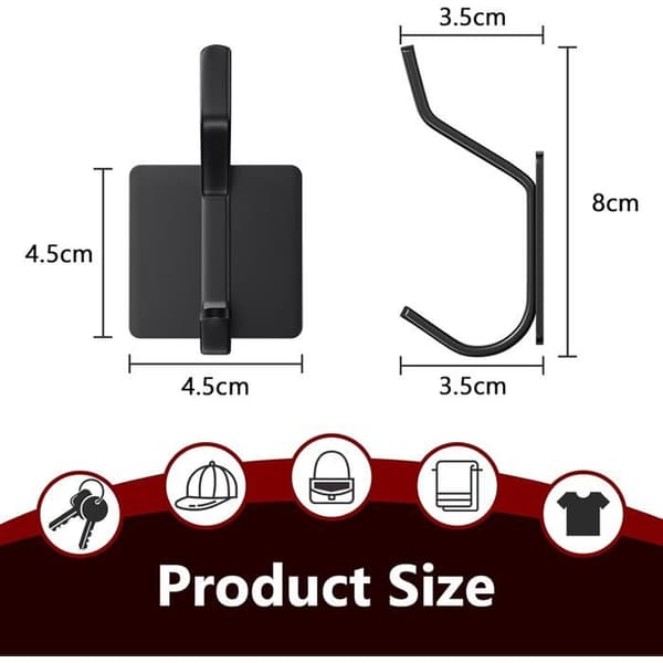 Self-adhesive wall hooks, 4 pieces, black, easy to install, no drilling required, suitable for bedrooms and bathrooms.
