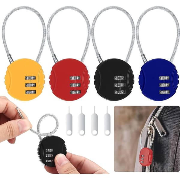 4-piece Combination Padlock Set, Small Cable Lock Code, 3-Digit Resettable Security Lock for Suitcase, Luggage, Locker, with 4 Codes