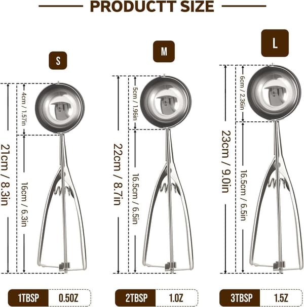 Ice Cream Scoops, 3-Piece Cookie Scoop Set, Stainless Steel Ice Cream Scoops with Trigger, Cookie Scoops for Baking, Cookie Dough Molds