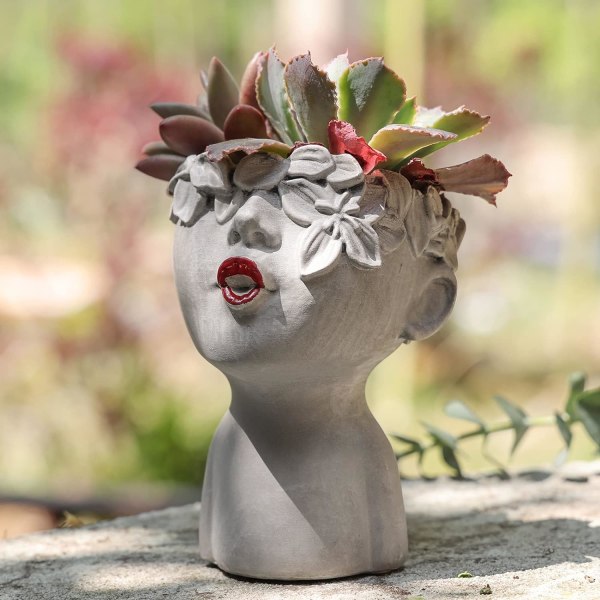 Kyssande ansiktshuvud blomkruka med dräneringshål, härlig skulpturdekor, hantverksdekorationer, imitation Ci blomkrukhuvud