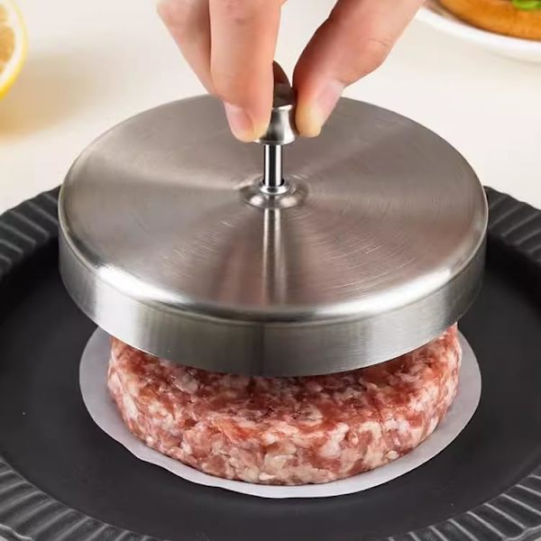 Rustfri stål burgerpresse hamburgermaskine non-stick pattyform ideel til grill og perfekte bøffer. Nem at betjene og rengøre
