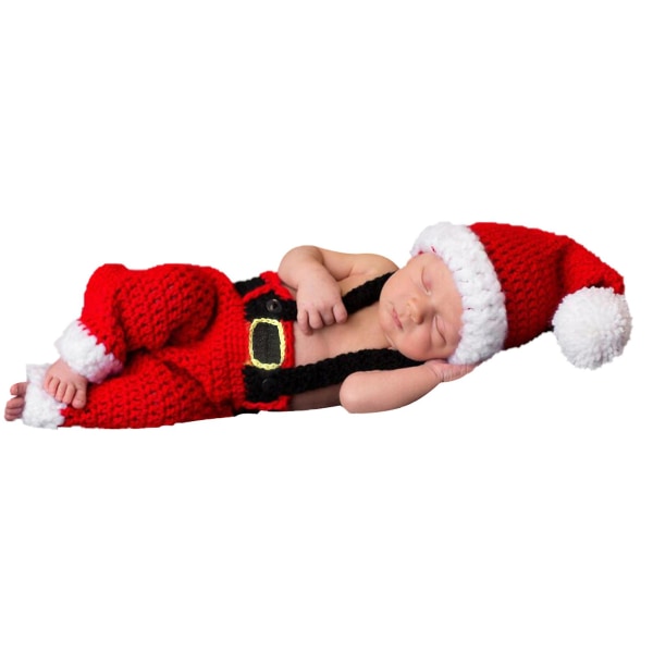 Jul baby fotografering rekvisitter kawaii strikkede klær røde og hvite lue bukser