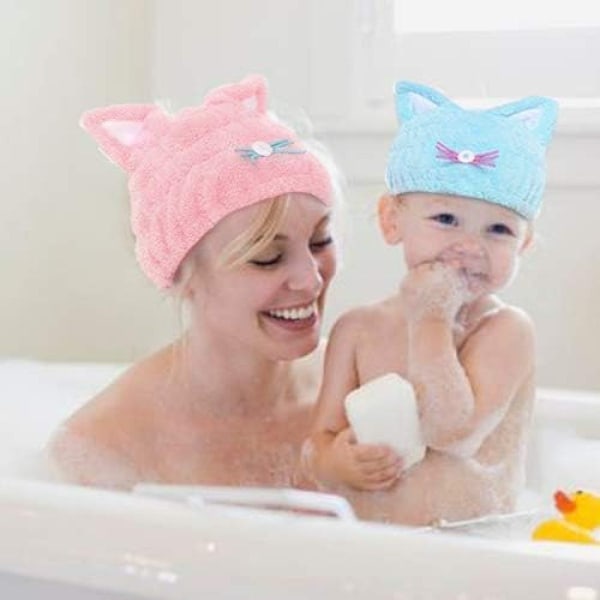 2-pack Mikrofiber Snabbtorkande Handdukshuvudbonad för Barnflickor, Barn Hårhanddukshuvudbonad, Hatt-Insvept Badverktyg Hårturban, Blå och Rosa