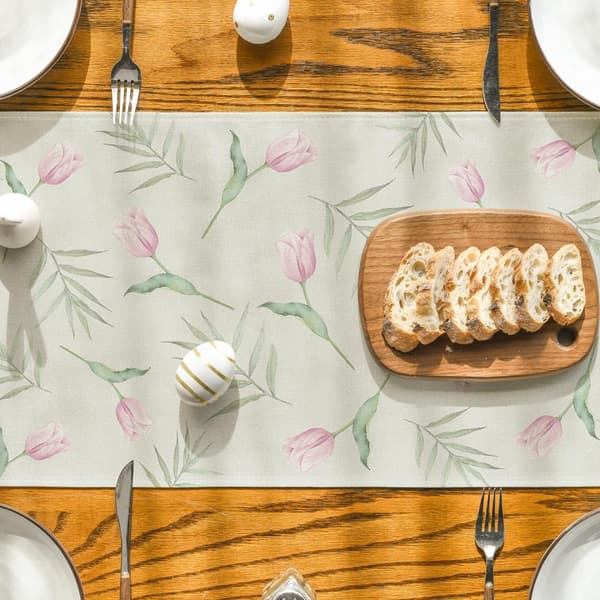 Easter Table Runner with Rabbit and Tulips, Seasonal Spring Tablecloth for Kitchen Table, Perfect for Home Decoration