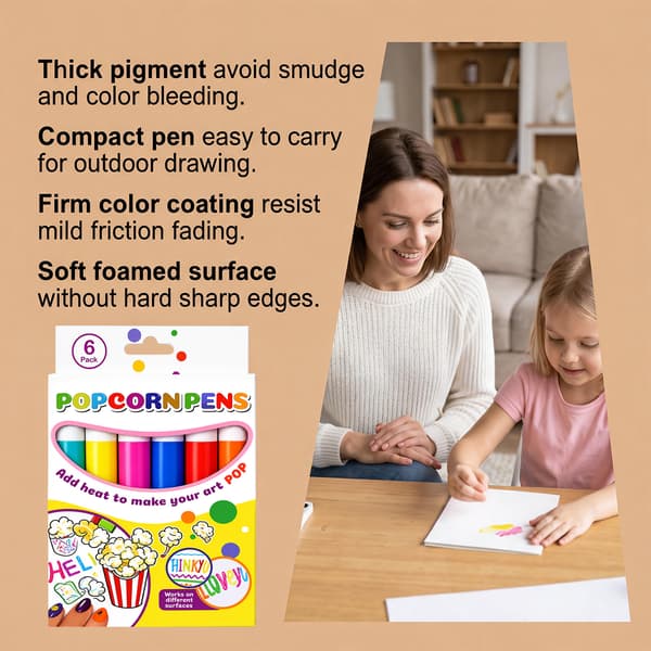 6-pack 3D Popcorn Art Pens, Expandable Puffy Effect Fine Tip Pens, Creative DIY Drawing Pens for Crafts, Painting, and Fun Art Projects