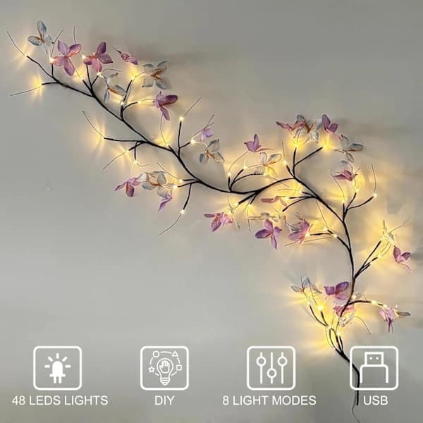 Butterfly Vine Light, 36 LED, 162 cm, Enchanted Wall Decor, 8 Lighting Modes for Indoor Wall Decoration