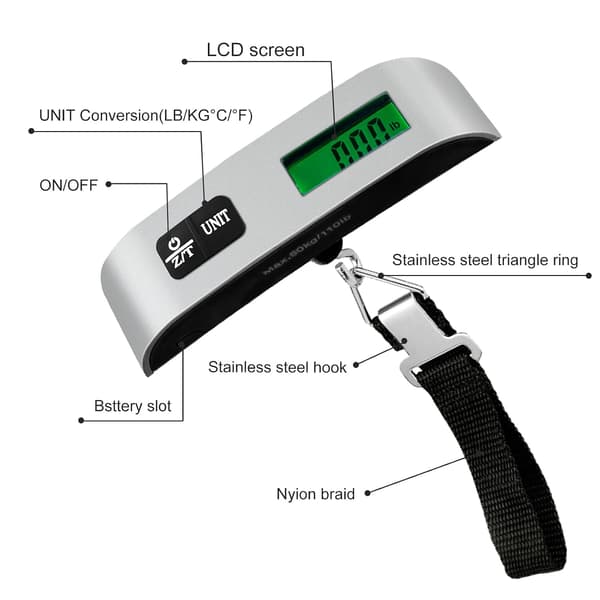 Digital luggage scale with handle and backlit LCD screen, portable suitcase scale, max weight 50 kg (912.8*3*3 cm)