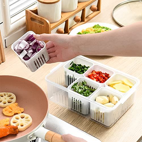 Fresh Produce Refrigerator Organizer with Lid and 6 Removable Drain Baskets for Fridge Storage (Clear) Translucent white six squares Translucent white six squares