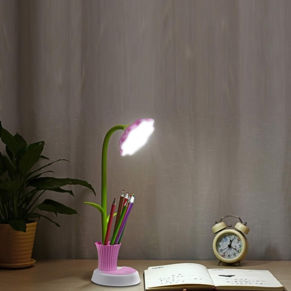 Skrivebordslampe for barn Solsikke LED-ladebordslampe Støtte Øyebeskyttelse Lite skrivebord sammenleggbart for lesing, justerbar lysstyrke - rosa