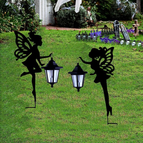 2 Pack Metal Fairy Solar Light -ulkokoristeita, keijujen riippulyhty, jossa on maapiippuja puutarhasisustus, musta koristekyltti