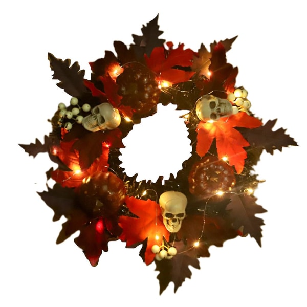 45 cm Happy Halloween Wreath Dørbøjle Realistisk Græskar Kranie Ahornblad Hængende krans med LED-lys dekoration