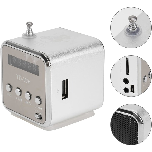 Mini digital bærbar musikk MP3/4-spiller Diskhøyttaler FM-radio (sølv)