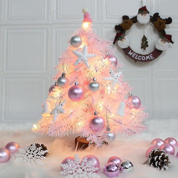 Rosa konstgjord julgran med bollar och led-ljus, minijulgran för juldekorationer, hem, matbord (45cm) (rosa)
