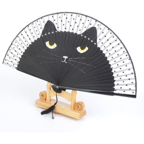 Folding Bamboo Silk Fan with Cat Pattern