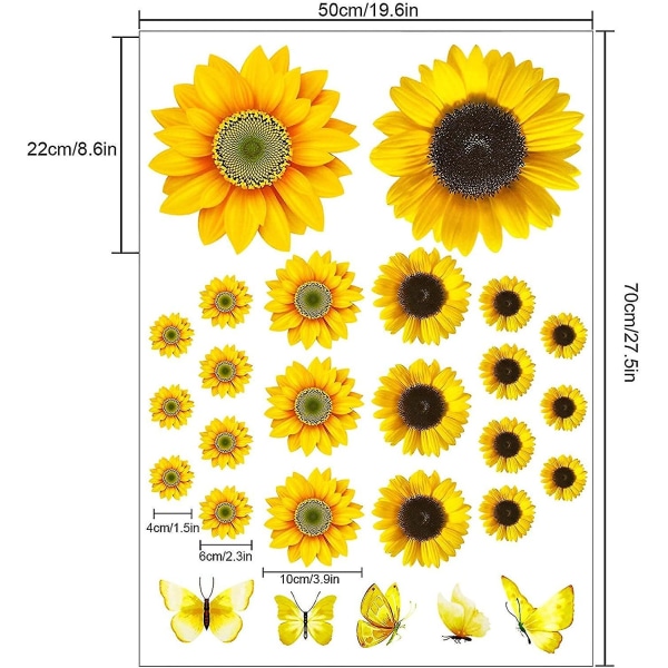 39 Solsikke-klistremerker til vegger med 3D sommerfugl-veggklistremerker Solsikke barnerom dekor Mottakelige gule blomsterklistremerker for kjøkken bad