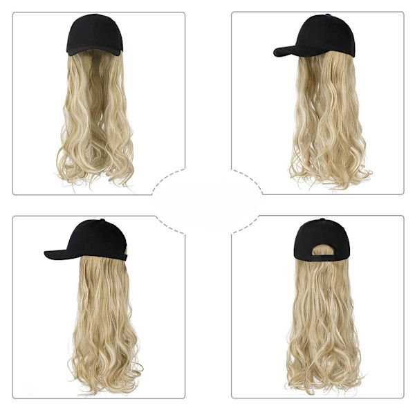 Hårforlengelser for kvinner Justerbar hatt med syntetisk parykk festet 20 tommer langt bølget hår Svart baseballcaps (Askeblond blanding bleket blond)