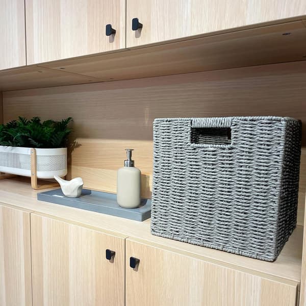 Storage Baskets, Hand-Woven Cube-Shaped Wicker Basket 28cm, Large Foldable Hyacinth Paper Basket with Handles, Decorative Basket (Grey)