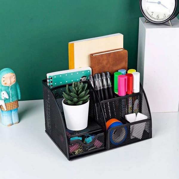 Desk Organizer 6 Compartments and 1 Drawer Black for Home Office