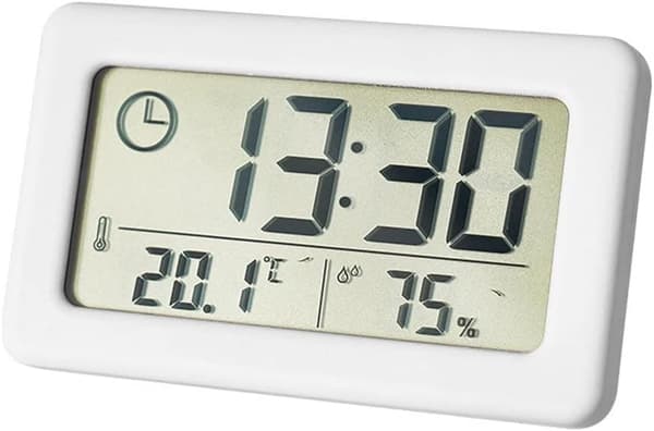 Electronic Thermometer Hygrometer, Small Clock with Temperature and Humidity Display (℃/℉), 12/24 Hour Time Switch, Slim Battery
