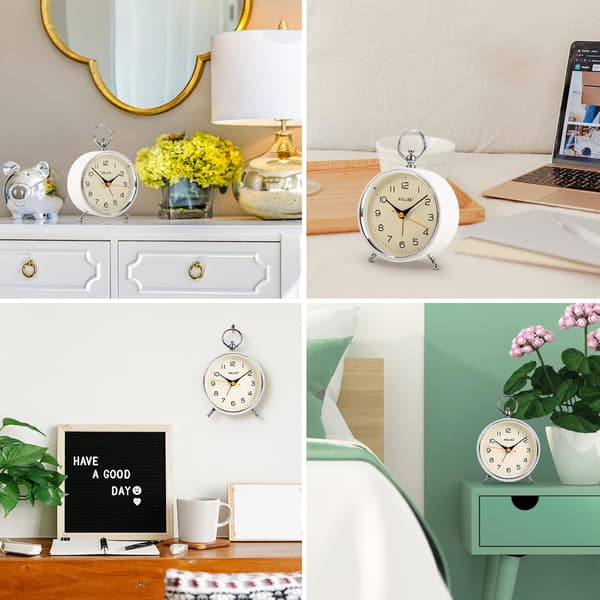 Analog Alarm Clock Round Non-Ticking Alarm Clock with Light Function (White)