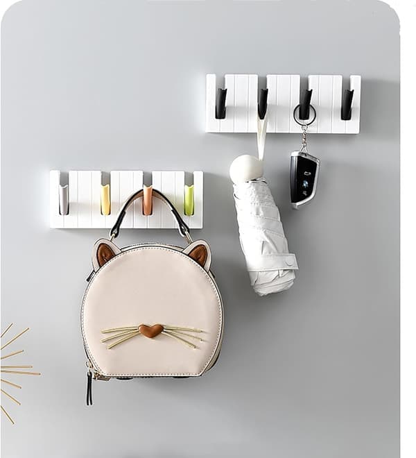 Self-adhesive hook strip with piano key design, 4 hooks, waterproof wall hooks without drilling for bathroom and kitchen decor (black) [Ho]