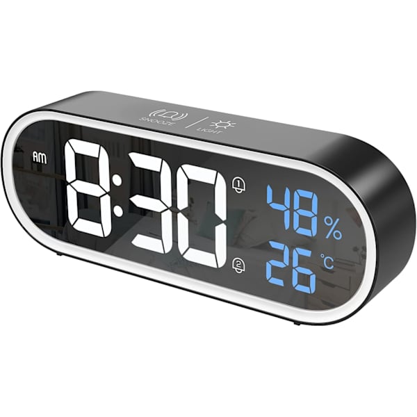 Digital spegelväckarklocka, LED digital klocka, stor display för tid/temperatur/fuktighet, 40 ringsignaler, USB-laddning, svart väckarklocka
