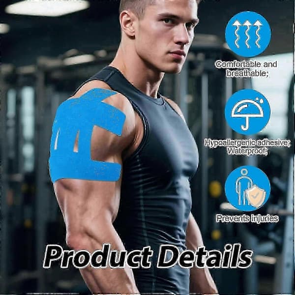 Optimized Kinesiology Tape for Shoulder, Waterproof Pre-Cut Strips, Sports Support Straps (Blue) - 10-Pack