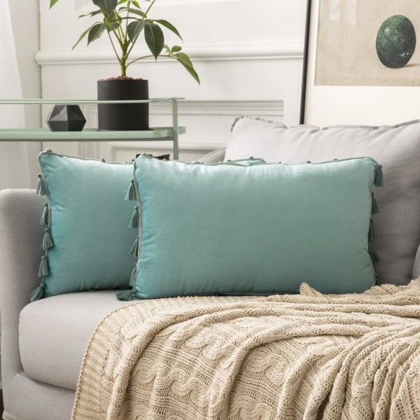 2st mjuk sammet solid dekorativt örngott med fransar tofsar Boho accent cover för soffa bäddsoffa Aqua Green