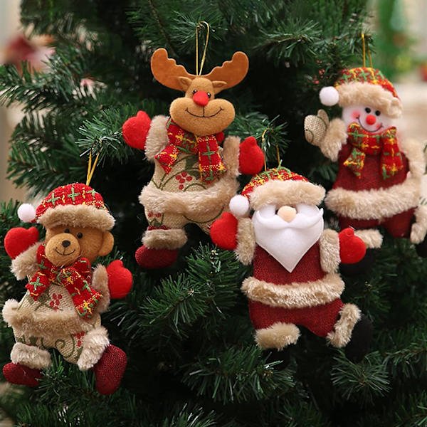 Juldekorationer, 4 st julbyfiguriner med tomte, björn, snögubbe och ren i plysch, julhängande prydnader för julgran
