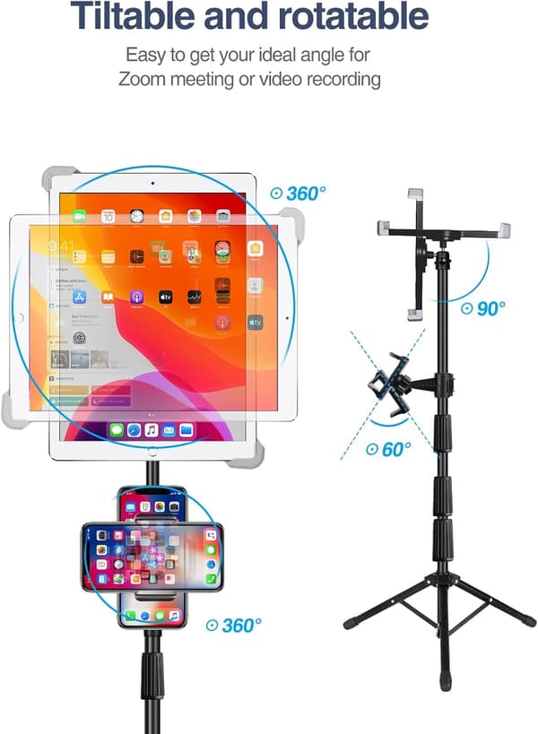 iPad-stativ, høydejusterbart iPad-holderstativ og gulv-iPad-stativ med 360° roterende iPad-stativfeste