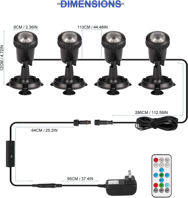 Pool Lighting with Remote Control, 8 Modes, 8 Adjustable Brightness Levels, Pool Lamp with Suction Cups, IP68 AC100-240V Underwater Lamp