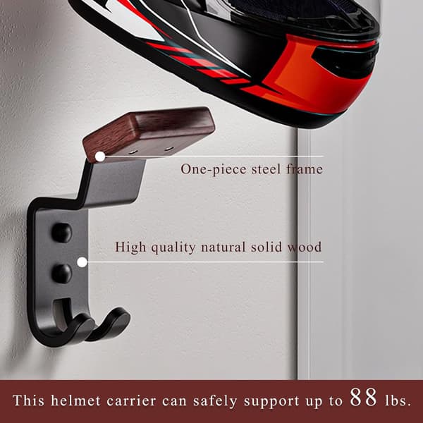 Helmet Holder Wall Mount, Motorcycle Helmet Rack with Double Hooks, Solid Wood & Steel Helmet Display Hanger for Helmets, Jackets & Coats