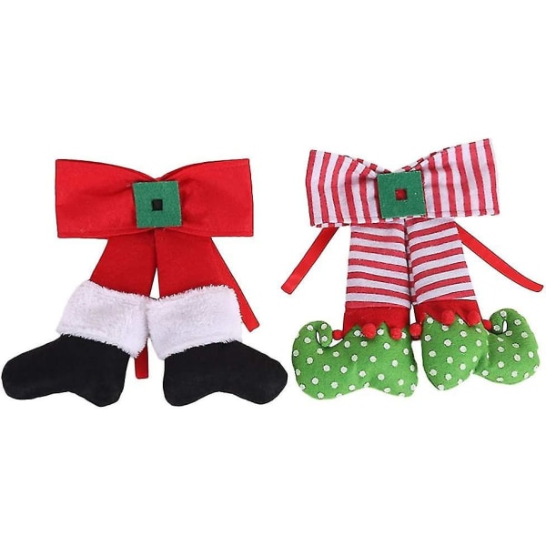 Christmas Bow Ornaments With Santa Claus Elf Design Christmas Tree Door Fireplace Hanging Decorations Xmas Holiday Party Supplies 2pcs Red