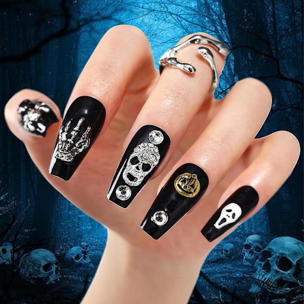 72 kpl Halloween-kynsikoristeita 3D Kulta Hopea Kynsikoristeet Vintage Gootti Retro Punk Kynsivarusteet Luuranko Hämähäkki Kurpitsa
