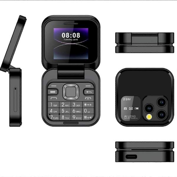 2024 Ny Mini Flip Mobiltelefon 2 SIM-kort Lille Skærm Foldbar Mobiltelefon Ulåst Flip Telefon 2G Flip Mobiltelefon Til Seniorer [DB] Black