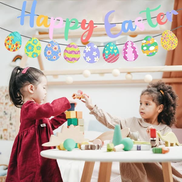 Easter Banner with Egg Garland for Home, School, Office, Classroom, Easter Party, Egg Hunt Decorations