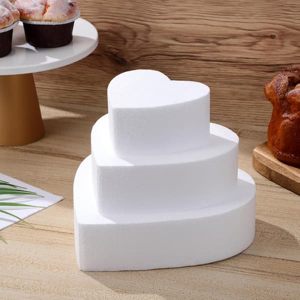 3 Pieces White Heart Shaped Foam Cake Dummies, Reusable Polystyrene Cake Model